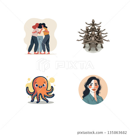 Collection of vector illustrations featuring a group of women embracing, a human pyramid, a cute octopus and a woman portrait. Collection of vector illustrations featuring a group of women embracing, a human pyramid, a cute octopus and a woman portrait. 135863682