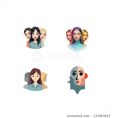 Collection of diverse women portraits in cartoon style. Concept of unity, feminism, and female empowerment. Vector illustration. Collection of diverse women portraits in cartoon style. Concept of unity, feminism, and female empowerment. Vector illustration. 135863683
