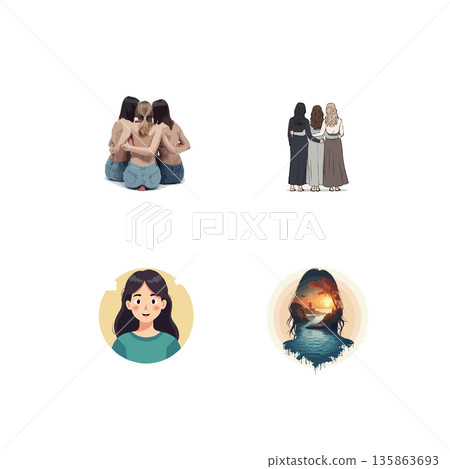 Collection of vector art depicting women in various forms of connection and solidarity, symbolizing friendship and unity. Collection of vector art depicting women in various forms of connection and solidarity, symbolizing friendship and unity. 135863693