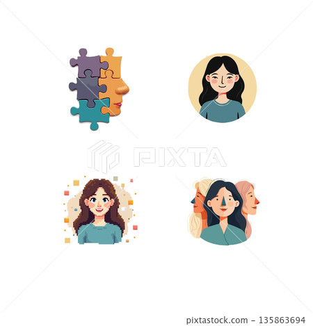 A collection of pixel art illustrations featuring diverse women, showcasing unity, mental health, and puzzle solving. A collection of pixel art illustrations featuring diverse women, showcasing unity, mental health, and puzzle solving. 135863694