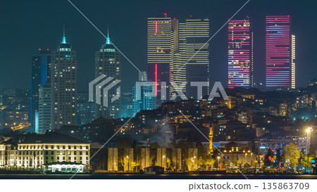 Night timelapse view of besiktas district in istanbul taken from asian part of the city. 135863709