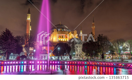 Hagia Sophia timelapse hyperlapse with a fountain at night, Istanbul, Turkey Hagia Sophia timelapse hyperlapse with a fountain at night, Istanbul, Turkey 135863715