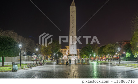 Obelisk of Theodosius with hieroglyphs in Sultanahmet Square night timelapse hyperlapse, Istanbul, Turkey Obelisk of Theodosius with hieroglyphs in Sultanahmet Square night timelapse hyperlapse, Istanbul, Turkey 135863716