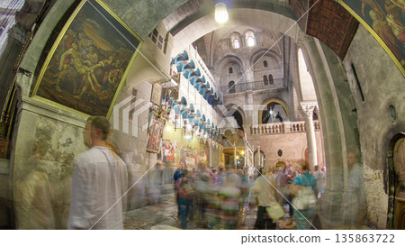 Stone of Anointing in the Church of the Holy Sepulcher timelapse hyperlapse. 135863722