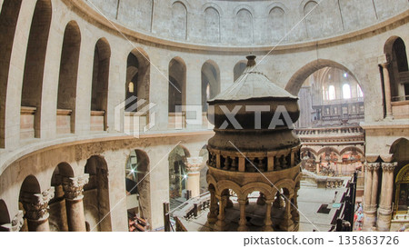 The Holy Sepulchre Church inside from top in Jerusalem timelapse. 135863726