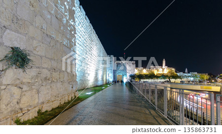 Walls of Ancient City at Night timelapse hyperlapse, Jerusalem, Israel 135863731