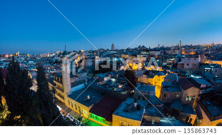 Skyline of the Old City in Jerusalem with historic buildings aerial timelapse, Israel. 135863743