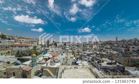 Skyline of the Old City in Jerusalem with historic buildings aerial timelapse, Israel. Skyline of the Old City in Jerusalem with historic buildings aerial timelapse, Israel. 135863749