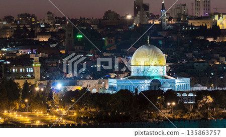 Evening in Old City, Temple Mount with Dome of the Rock timelapse view from the Mt of Olives in Jerusalem 135863757