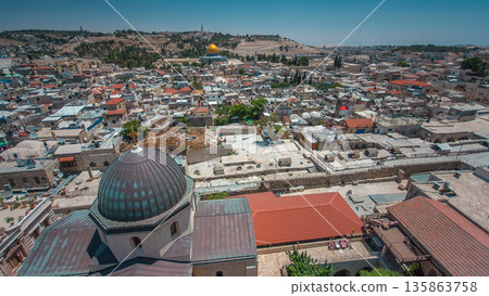 Panorama overlooking the Old city of Jerusalem timelapse, Israel, including the Dome of the Rock Panorama overlooking the Old city of Jerusalem timelapse, Israel, including the Dome of the Rock 135863758
