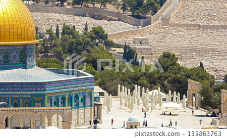 Panorama overlooking the Old city of Jerusalem timelapse, Israel, including the Dome of the Rock Panorama overlooking the Old city of Jerusalem timelapse, Israel, including the Dome of the Rock 135863763