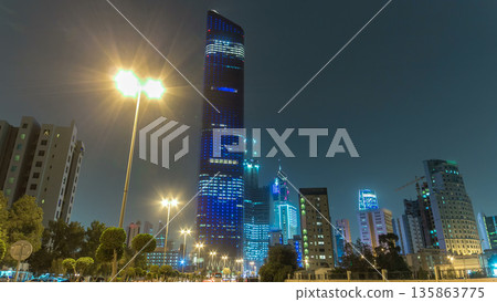 Tallest building in Kuwait City timelapse hyperlapse - the Al Hamra Tower at dusk. Kuwait City, Middle East Tallest building in Kuwait City timelapse hyperlapse - the Al Hamra Tower at dusk. Kuwait City, Middle East 135863775
