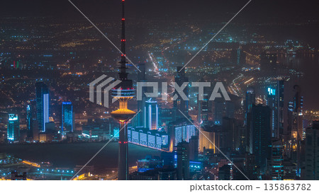 Top view of The Liberation Tower timelapse in Kuwait City illuminated at night. Kuwait, Middle East 135863782