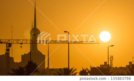 Sunrise with Kuwait Towers timelapse - the best known landmark of Kuwait City. Kuwait, Middle East 135863798