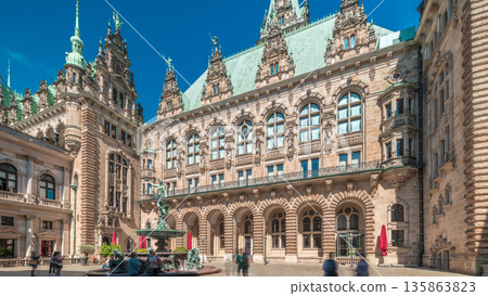 Hyperlapse of Hamburg City Hall with Hygieia Fountain in the courtyard near market square and Binnenalster, Germany 135863823