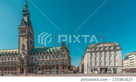 Panorama showing a building of the Hamburg City Hall timelapse, the seat of the government of Hamburg, Germany 135863825