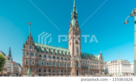 Panorama showing a building of the Hamburg City Hall timelapse, the seat of the government of Hamburg, Germany 135863826