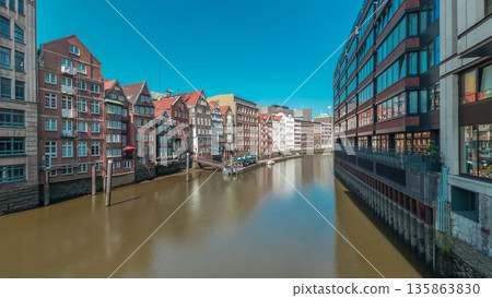 Panorama showing Kleines Dock along the northern Elbe Canal aerial timelapse in Hamburg, Germany. Panorama showing Kleines Dock along the northern Elbe Canal aerial timelapse in Hamburg, Germany. 135863830