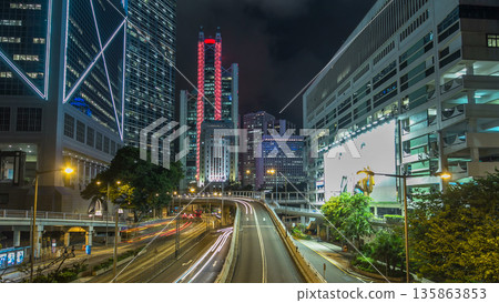 Hong Kong traffic timelapse hyperlapse near bank tower in Central District of Hong Kong. 135863853