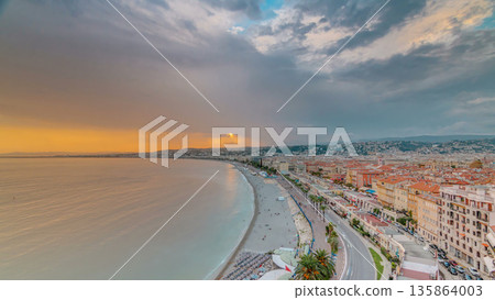Sunset over Nice city and Mediterranean Sea aerial timelapse Sunset over Nice city and Mediterranean Sea aerial timelapse 135864003