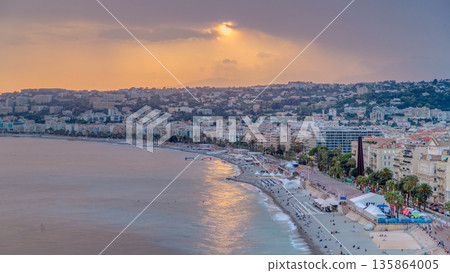Sunset over Nice city and Mediterranean Sea aerial timelapse Sunset over Nice city and Mediterranean Sea aerial timelapse 135864005