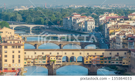 The Ponte Vecchio early morning timelapse, a medieval stone segmental arch bridge over the Arno River, in Florence, Italy The Ponte Vecchio early morning timelapse, a medieval stone segmental arch bridge over the Arno River, in Florence, Italy 135864033