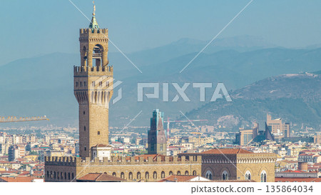 Palazzo Vecchio timelapse on piazza della Signora in the morning as seen from Piazzale Michelangelo. Florence, Italy. Palazzo Vecchio timelapse on piazza della Signora in the morning as seen from Piazzale Michelangelo. Florence, Italy. 135864034