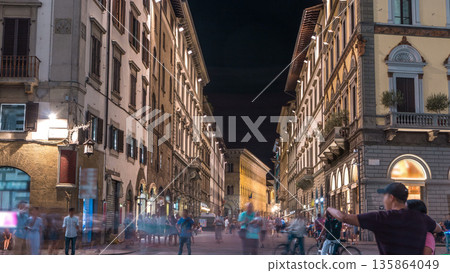 Cozy narrow street in Florence timelapse, Tuscany, Italy. Night Florence cityscape 135864049