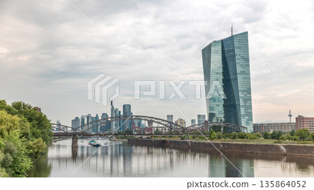 Hyperlapse of Frankfurt skyline featuring the modern ECB headquarters skyscraper. Frankfurt am Main, Germany 135864052