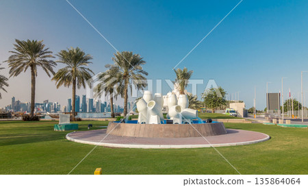 View of the water pots fountain landmark timelapse hyperlapse on the Corniche in Doha View of the water pots fountain landmark timelapse hyperlapse on the Corniche in Doha 135864064