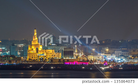 Doha skyline with the Islamic Cultural Center timelapse in Qatar, Middle East 135864073