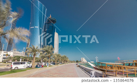 Walk on Doha's Corniche in West Bay timelapse hyperlapse, Qatar. 135864076