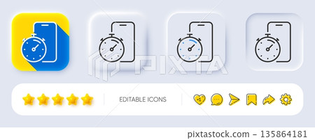 Timer app line icon. Neumorphic, Flat shadow, 3d buttons. Stopwatch time sign. Phone countdown clock symbol. Line timer app icon. Social media icons. Vector 135864181