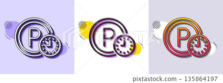 Parking time line icon. Halftone dotted pattern. Gradient icon with grain shadow. Car park clock sign. Transport place symbol. Line parking time icon. Various designs. Vector Parking time line icon. Halftone dotted pattern. Gradient icon with grain shadow. Car park clock sign. Transport place symbol. Line parking time icon. Various designs. Vector 135864197