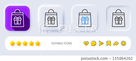 Shopping bag with Gift box line icon. Neumorphic, Flat shadow, 3d buttons. Present or Sale sign. Birthday Shopping symbol. Package in Gift Wrap. Line holidays shopping icon. Social media icons. Vector Shopping bag with Gift box line icon. Neumorphic, Flat shadow, 3d buttons. Present or Sale sign. Birthday Shopping symbol. Package in Gift Wrap. Line holidays shopping icon. Social media icons. Vector 135864202
