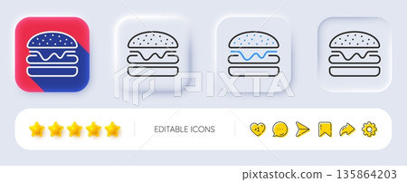 Burger line icon. Neumorphic, Flat shadow, 3d buttons. Fast food sign. Hamburger sandwich symbol. Line burger icon. Social media icons. Vector Burger line icon. Neumorphic, Flat shadow, 3d buttons. Fast food sign. Hamburger sandwich symbol. Line burger icon. Social media icons. Vector 135864203