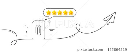 Attach Document line icon. Continuous line with share plane. Information File sign. Paper page concept symbol. Upload data. Five star rate review in speech bubble. Vector Attach Document line icon. Continuous line with share plane. Information File sign. Paper page concept symbol. Upload data. Five star rate review in speech bubble. Vector 135864219