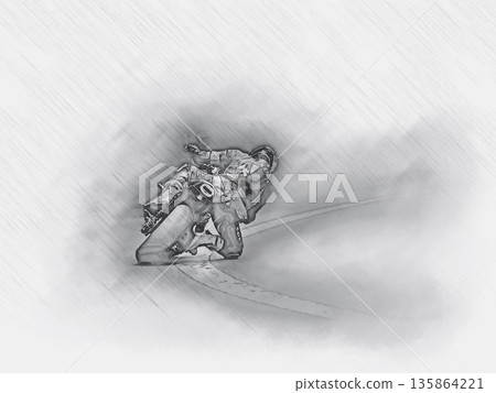 Sketch-style illustration of a motorcycle race: pencil drawing of a rider cornering 135864221