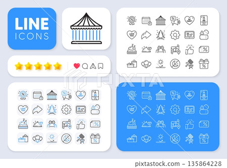 Love you, Discounts offer and Crane claw machine line icons for web app. Message, Share, Like social media icons. Pack of Give present, Be sweet, Gps pictogram icons. Vector 135864228