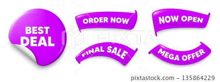 Best deal purple sticker, Sale offer ribbons. Final sale, Order now. Best deal tag. Special offer Sale sign. Advertising Discounts symbol. Sticker badge. Flag ribbon banners. Vector Best deal purple sticker, Sale offer ribbons. Final sale, Order now. Best deal tag. Special offer Sale sign. Advertising Discounts symbol. Sticker badge. Flag ribbon banners. Vector 135864229
