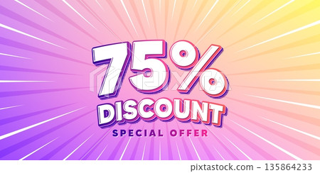 Discount sun rays gradient banner. Light burst background. 75 percent discount tag. Sale offer price sign. Special offer symbol. Gradient sun rays. Sunburst light. Vector 135864233