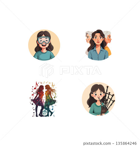 Collection of cartoon style portraits featuring diverse women. Icons represent various interests and professions. Vector illustration. Collection of cartoon style portraits featuring diverse women. Icons represent various interests and professions. Vector illustration. 135864246