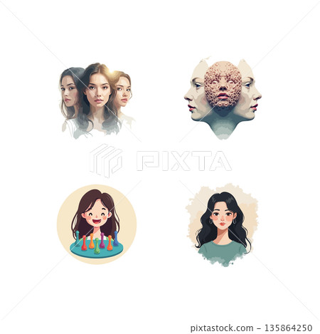 Collection of diverse female portraits and abstract face designs. Ideal for illustrating concepts of identity, beauty, and individuality. Collection of diverse female portraits and abstract face designs. Ideal for illustrating concepts of identity, beauty, and individuality. 135864250