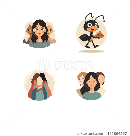 Collection of diverse group portraits and an ant illustration. The images are colorful and engaging, suitable for various creative projects. 135864267