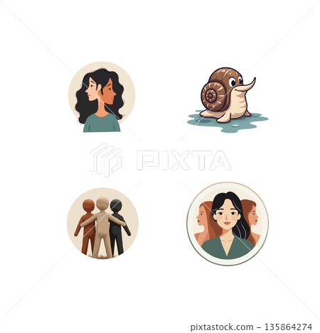 Collection of vector illustrations featuring diverse groups of people and a snail, ideal for various creative projects. 135864274