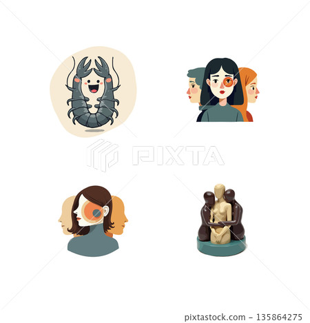 Illustrations depicting concepts of mental health, support groups, and personal struggles, suitable for educational or awareness campaigns. Illustrations depicting concepts of mental health, support groups, and personal struggles, suitable for educational or awareness campaigns. 135864275