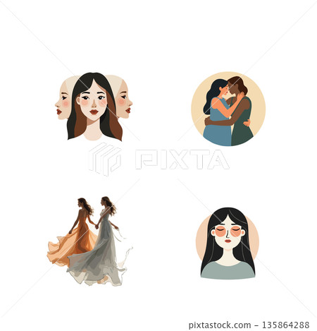 Collection of diverse women portraits and lesbian couples in flat vector style. Symbolizes love, equality, and female empowerment. Collection of diverse women portraits and lesbian couples in flat vector style. Symbolizes love, equality, and female empowerment. 135864288