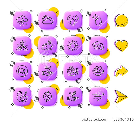 Sunny weather, Sun and Rainy weather line icons. App 3d buttons. Social media comment, share, like icons. Pack of Green energy, Salad, Animal tested icon. Vector 135864316