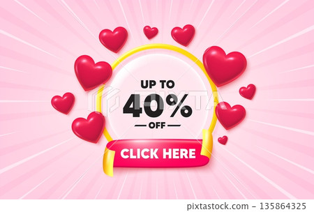 Discount tag sunburst ray banner. Click here flag ribbon. Up to 40 percent off sale. Discount offer price sign. Special offer symbol. Save 40 percentages. 3d hearts glitter. Red ribbon tag. Vector 135864325