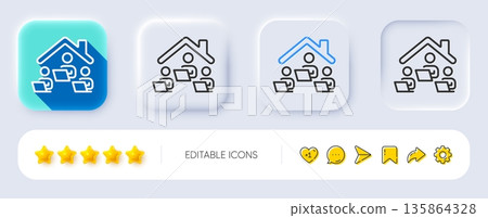 Work at home line icon. Neumorphic, Flat shadow, 3d buttons. Teamwork sign. Remote office symbol. Line work home icon. Social media icons. Vector Work at home line icon. Neumorphic, Flat shadow, 3d buttons. Teamwork sign. Remote office symbol. Line work home icon. Social media icons. Vector 135864328